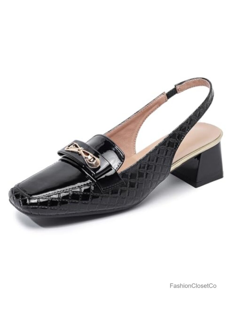 Square Toe Slingback Pumps with Metal Buckle Fashion Leather Print Closed Toe